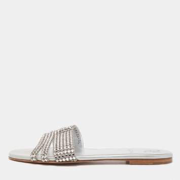 Pre Owned Gina Silver Crystal Embellished Leather Flat Slides Size 38.5