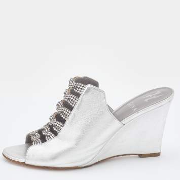 Pre Owned Gina Silver Leather Crystal Embellished Wedge Sandals Size 39