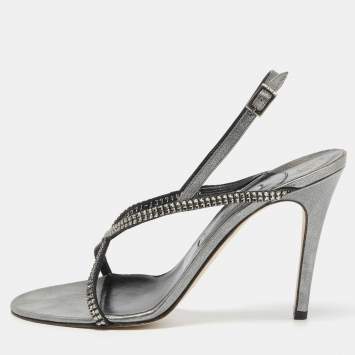 Pre Owned Gina Metallic Grey Leather Crystal Embellished Slingback Sandals Size 39.5