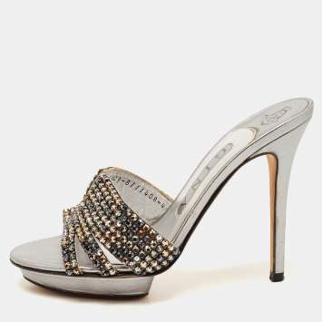 Pre Owned Gina Metallic Silver Leather Crystal Embellished Slide Platform Sandals Size 37