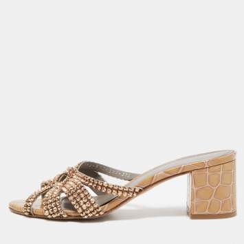Pre Owned Gina Beige Crystal Embellished Croc Embossed Patent Leather Rodeo Block Heel Slides Size 37.5