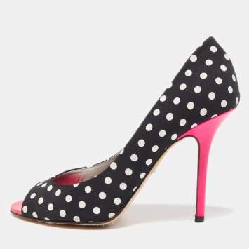 Pre Owned Gina Black/White Polka Dot Canvas Peep Toe Pumps Size 40