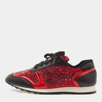 Pre Owned Gina Black/Red Leather And Embellished Satin Luminosa Low Top Sneakers Size 41