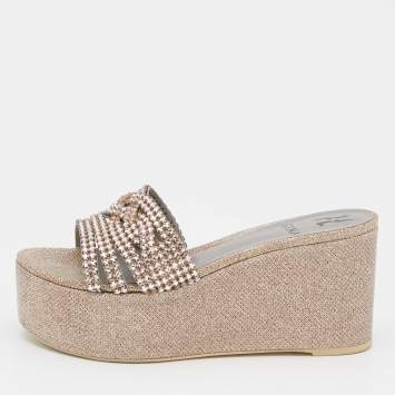 Pre Owned Gina Gold Lurex Fabric Crystal Embellished Wedge Platform Sandals Size 38.5