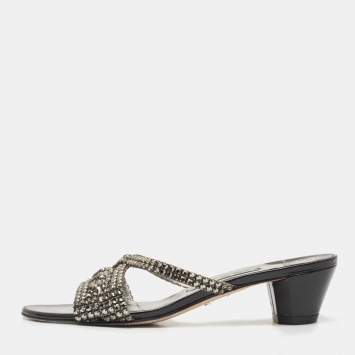 Pre Owned Gina Grey Crystal Embellished Leather Slide Sandals Size 38