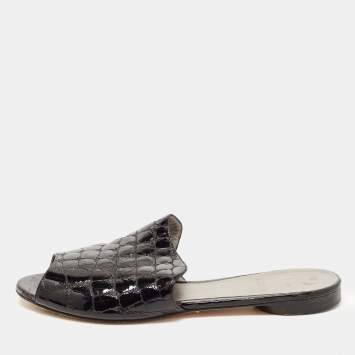 Pre Owned Gina Black Croc Embossed Leather Slip On Open Toe Flat Slides Size 38.5