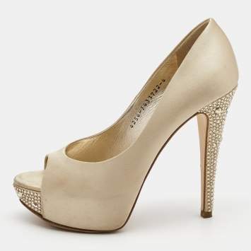 Pre Owned Gina Beige Satin Crystal Embellished Heel Peep Toe Platform Pumps Size 37