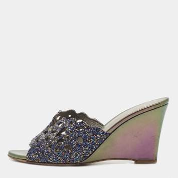 Pre Owned Gina Blue Crystal Cut Out Wedge Slide Sandals Size 38