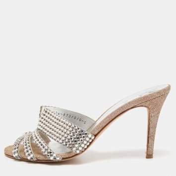 Pre Owned Gina Silver Glitter Fabric and Crystal Embellished Slide Sandals Size 38