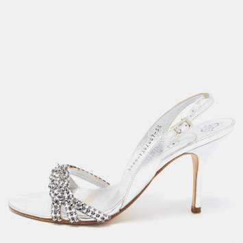 Pre Owned Gina Silver Leather Crystal Embellished Slingback Sandals Size 38.5