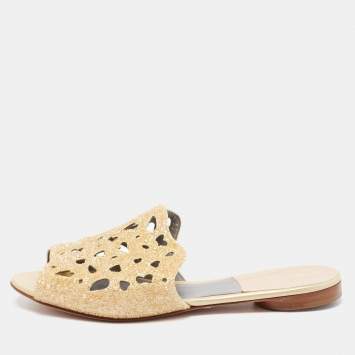 Pre Owned Gina Gold Leather Crystal Embellished Slide Sandals Size 38.5