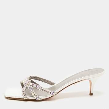 Pre Owned Gina Silver Croc Embossed Leather Crystal Embellished Slide Sandals Size 42