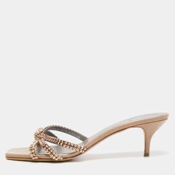 Pre Owned Gina Beige Textured Leather Crystals Knot Slide Sandals Size 42