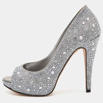 Pre Owned Gina Silver Satin Crystal Embellished Peep Toe Platform Pumps Size 38