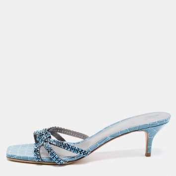 Pre Owned Gina Blue Crystal Embellished Leather Slide Sandals Size 42