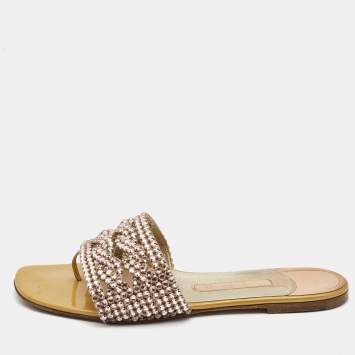 Pre Owned Gina Gold Leather, Crystal Flat Sandals Size 38.5