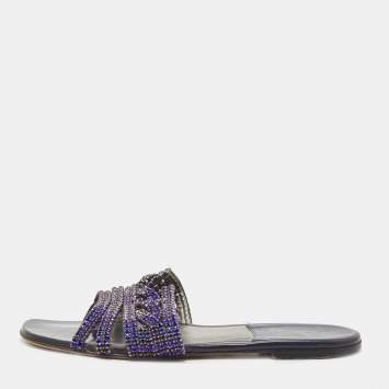 Pre Owned Gina Blue Crystal Embellished Leather Flat Slides Size 38.5