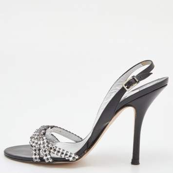 Pre Owned Gina Black/Silver Leather Naomi Crystals Slingback Sandals Size 42