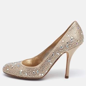 Pre Owned Gina Gold Satin Crystals Embellished Pumps Size 39