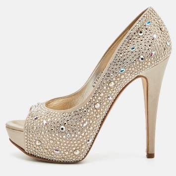 Pre Owned Gina Beige Satin Crystal Embellished Peep Toe Platform Pumps Size 37