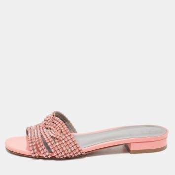 Pre Owned Gina Peach Patent Leather Crystal Embellished Flat Slides Size 40
