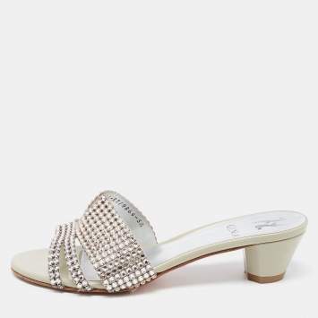 Pre Owned Gina Grey Crystal Embellished Leather Slide Sandals Size 38.5
