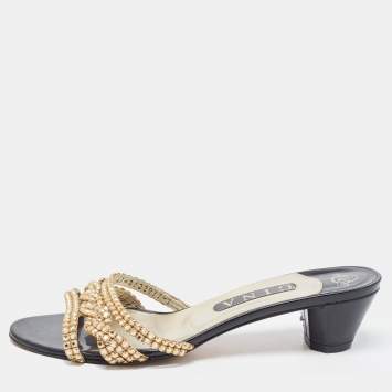 Pre Owned Gina Gold Crystal Embellished Leather Slide Sandals Size 40