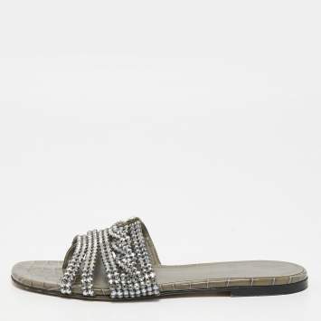 Pre Owned Gina Green Croc Embossed Leather Crystal Embellished Flat Slides Size 39