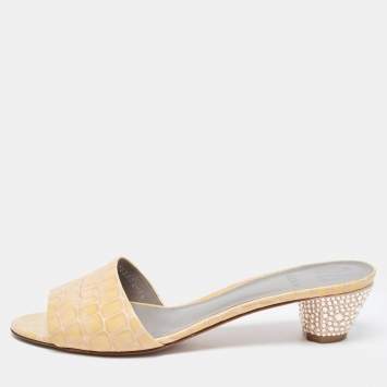 Pre Owned Gina Beige Croc Embossed Leather Crystal Embellished Heel Slide Sandals Size 41.5