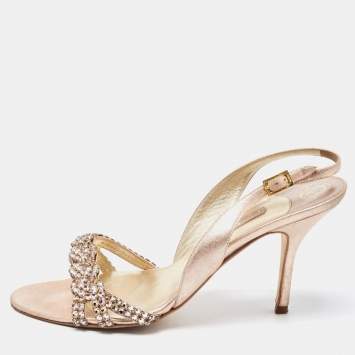 Pre Owned Gina Pink Texture Suede Crystal Slingback Sandals Size 39