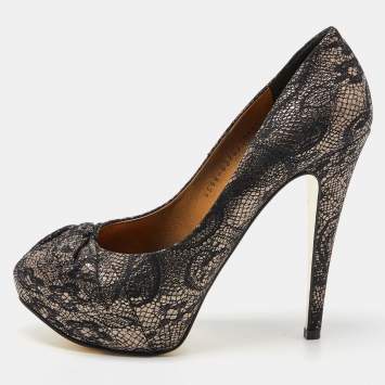 Pre Owned Gina Black/Gold Lace and Leather Platform Pumps Size 39.5