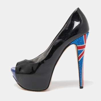 Pre Owned Gina Black Patent Leather Crystal Embellished Heel Peep Toe Platform Pumps Size 39.5