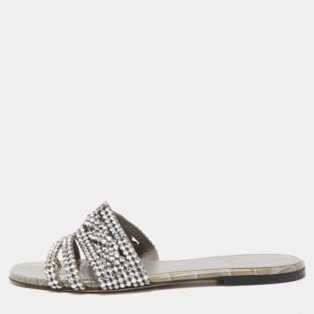 Pre Owned Gina Silver/Grey Crystal Embellished Leather Loren Flat Slides Size 39.5