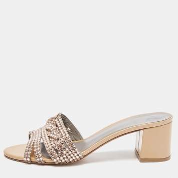 Pre Owned Gina Pink/Beige Crystal Embellished Leather Slide Sandals Size 40