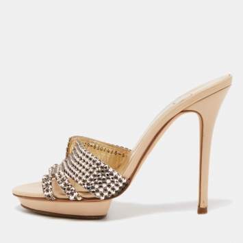 Pre Owned Gina Beige Leather and Crystal Embellished Slides Size 38