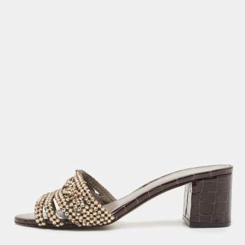 Pre Owned Gina Dark Brown Croc Embossed Patent Leather Crystal Embellished Slide Sandals Size 39.5