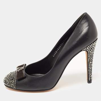 Pre Owned Gina Black Leather Embellished Pumps Size 39.5