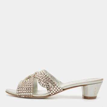 Pre Owned Gina Silver Leather and Crystal Embellished Slide Size 37.5