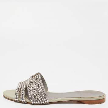 Pre Owned Gina Pale Grey Leather Crystal Embellished Thong Flat Slides Size 38