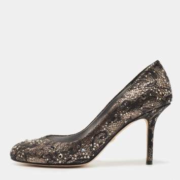 Pre Owned Gina Black/Gold Leather And Lace Crystal Embellished Round Toe Pumps Size 39.5