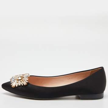 Pre Owned Gina Black Crystal Embellished Satin Ballet Flats Size 37.5