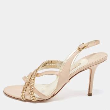 Pre Owned Gina Beige Leather Embellished Slingback Sandals Size 38