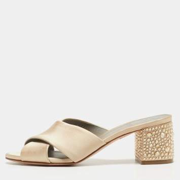 Pre Owned Gina Beige Satin Crystal Embellished Block Slide Sandals Size 36.5
