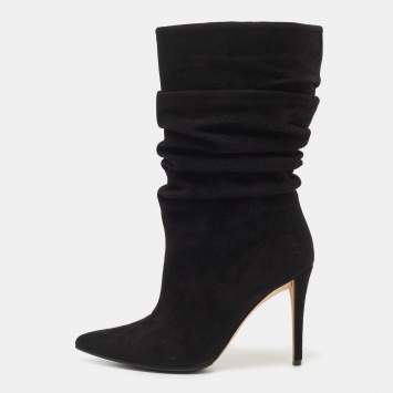 Pre Owned Gina Black Suede Mid Calf Pointed Toe Booties Size 36.5