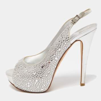 Pre Owned Gina Silver Crystal Embellished Satin Peep Toe Platform Slingback Sandals Size 39