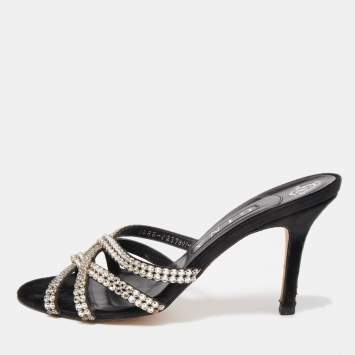 Pre Owned Gina Black Crystal Embellished Leather Strappy Slide Sandals Size 39.5