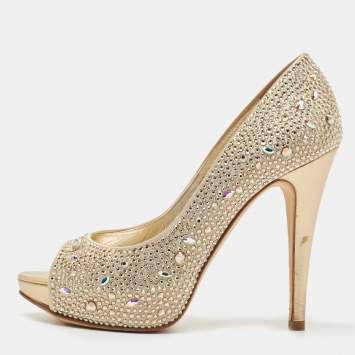 Pre Owned Gina Gold Satin Crystal Embellished Pumps 36.5