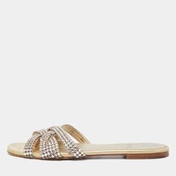 Pre Owned Gina Green Patent Embellished Flat Slides Size 39.5