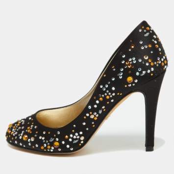 Pre Owned Gina Black Satin Crystal Embellished Pumps Size 36.5