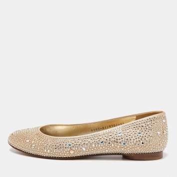 Pre Owned Gina Beige Satin Crystal Embellished Ballet Flats Size 38.5